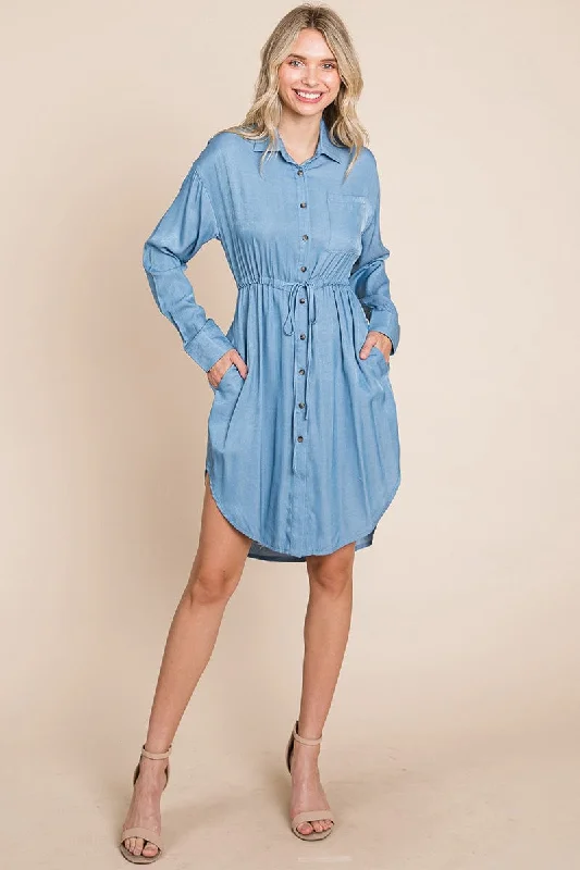 Button Down drawstring Tie waist Chambray Dress Cocktail unclassified dresses