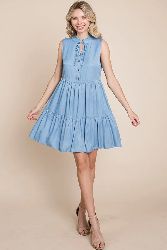 Chambray Tiered Sleeveless Ruffled Babydoll Dress Minimalist unclassified dresses