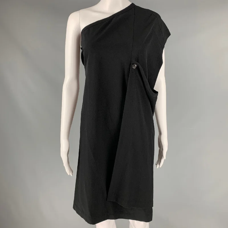 COMME des GARCONS 1980s Size S Black Wool Knee Length One Shoulder Dress Preppy unclassified dresses