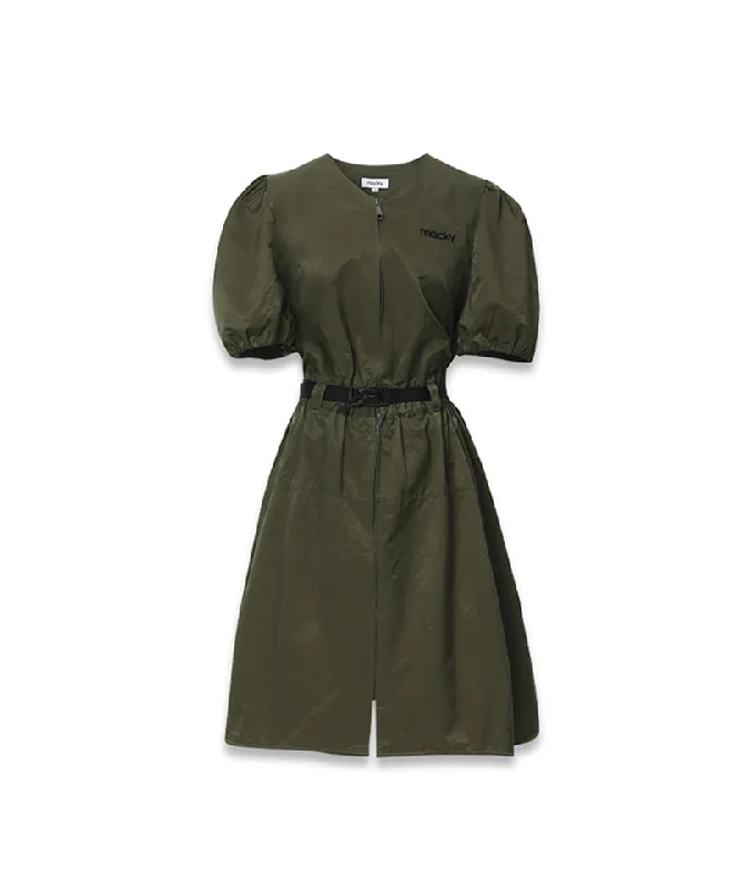 MACKY Golf: Balloon V-belt Dress - Khaki Beaded unclassified dresses