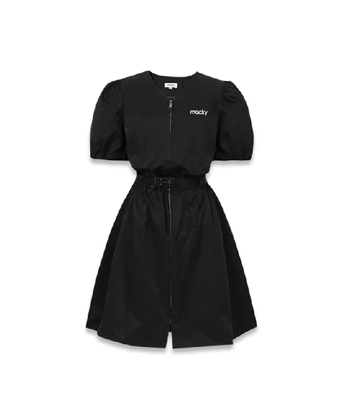 MACKY Golf: Balloon V-belt Dress - Black Sleeveless unclassified dresses