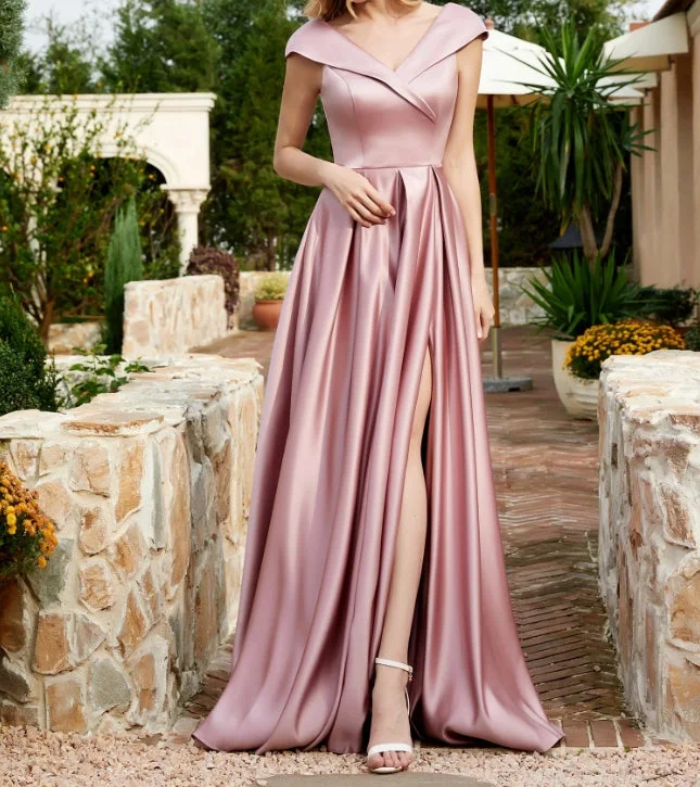 Evening Dress Satin Cap Sleeve Pocket Split fork Dress Gothic unclassified dresses