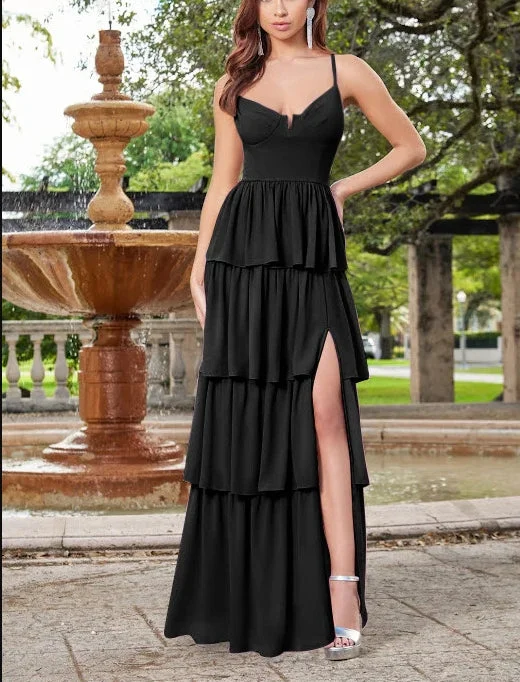 Evening Dress Spaghetti Strap Cascading Ruffles Side fork Gracefully Black Formal Dress Casual unclassified dresses