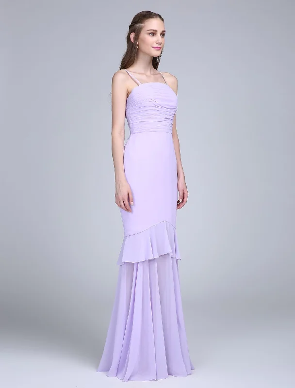 Fit & Flare Bridesmaid Dress Spaghetti Strap Sleeveless Elegant Floor Length Chiffon with Ruched One-shoulder unclassified dresses