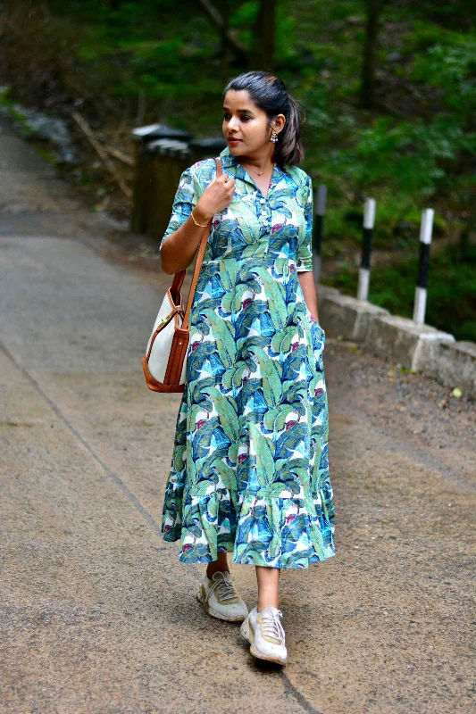 Green floral printed cotton collar kurti top High-end floral dresses