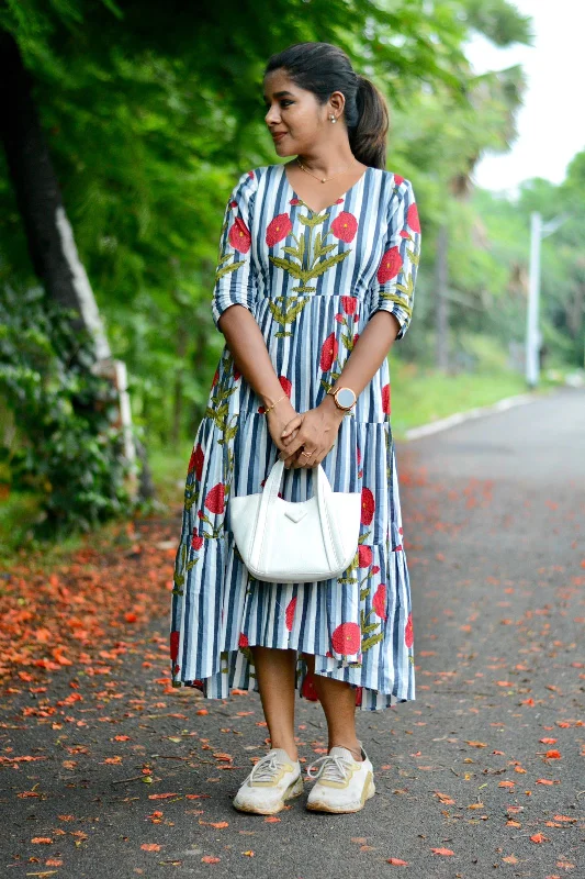 Grey & white floral printed 3 layered cotton kurti top Discounted floral dresses