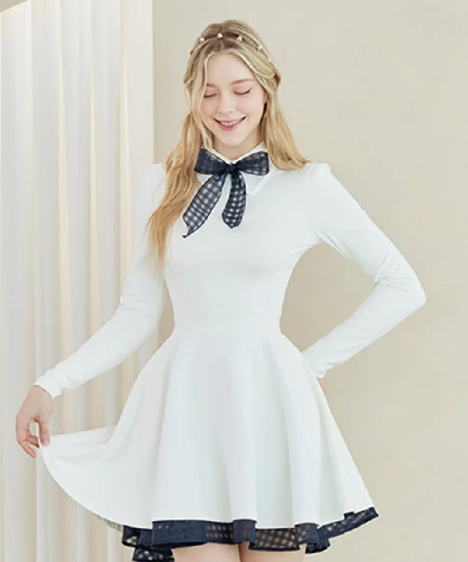 J.Jane Classic Color Contrast Ribbon Flared Dress - White Popular unclassified dresses