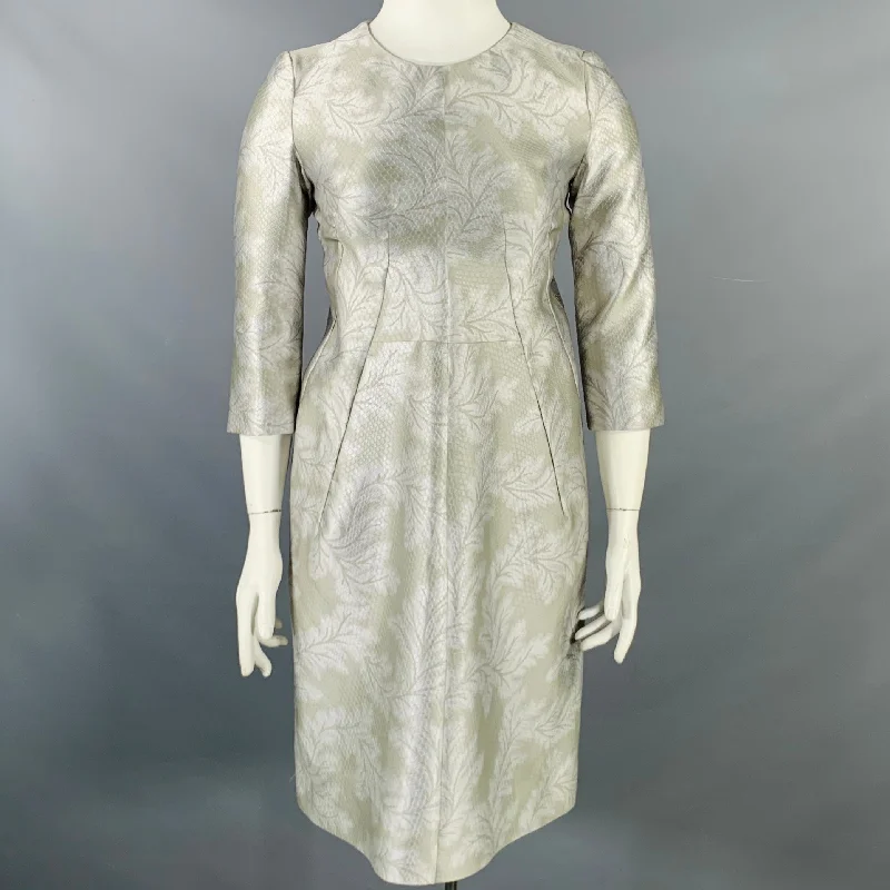 JIL SANDER Size 10 Grey Silver Polyester Silk Embossed A-Line Dress Neutral tone unclassified dresses