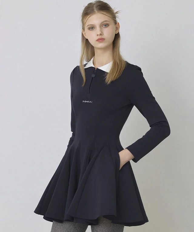 KANDINI Zip-Up Flared Dress - Navy Neutral tone unclassified dresses