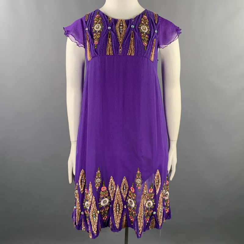 MATTHEW WILLIAMSON Size 10 Purple Gold Silk Embroidered Sleeveless Dress Graduation unclassified dresses