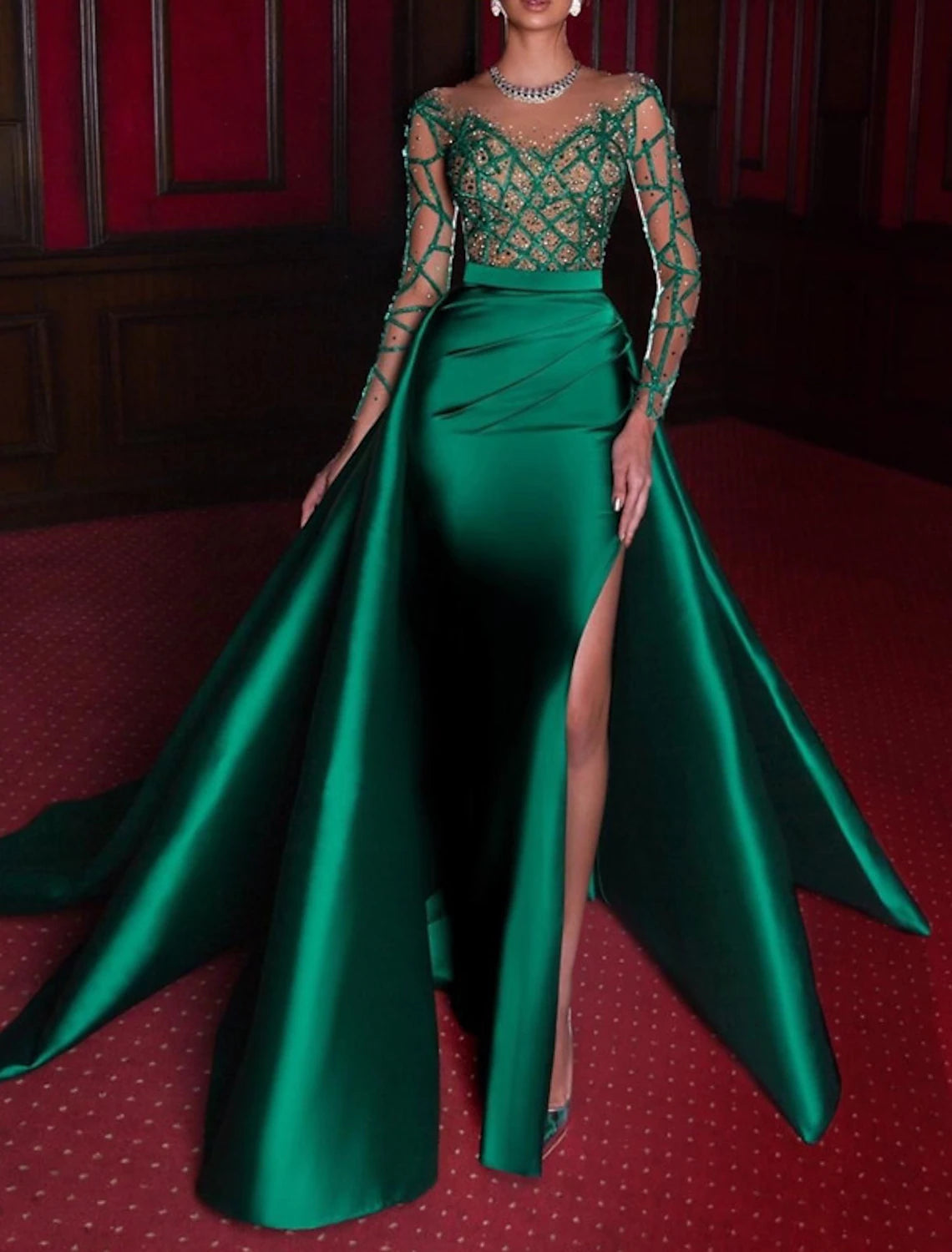 Mermaid Evening Gown Luxurious Dress Carnival Christmas Red Green Dress Court Train 3/4 Length Sleeve Jewel Neck Satin with Rhinestone Appliques Satin unclassified dresses