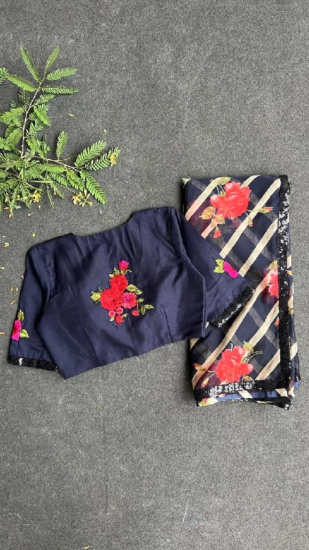 Midnight blue floral organza saree with embroidery blouse Best floral dresses for tall women