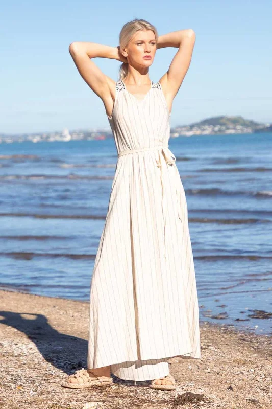 Muriwai Wrap Dress - Beige Pinstripe Off-shoulder unclassified dresses