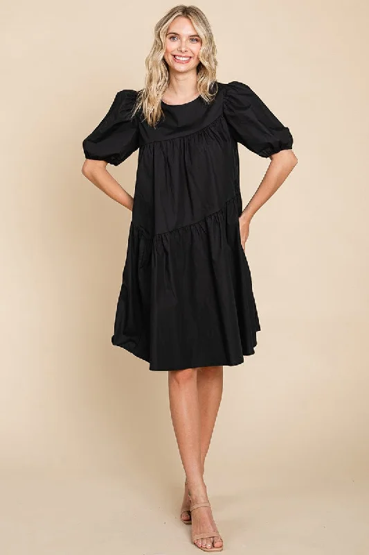 Poplin Puff Sleeve Tiered Cotton Dress Elegant evening unclassified dresses