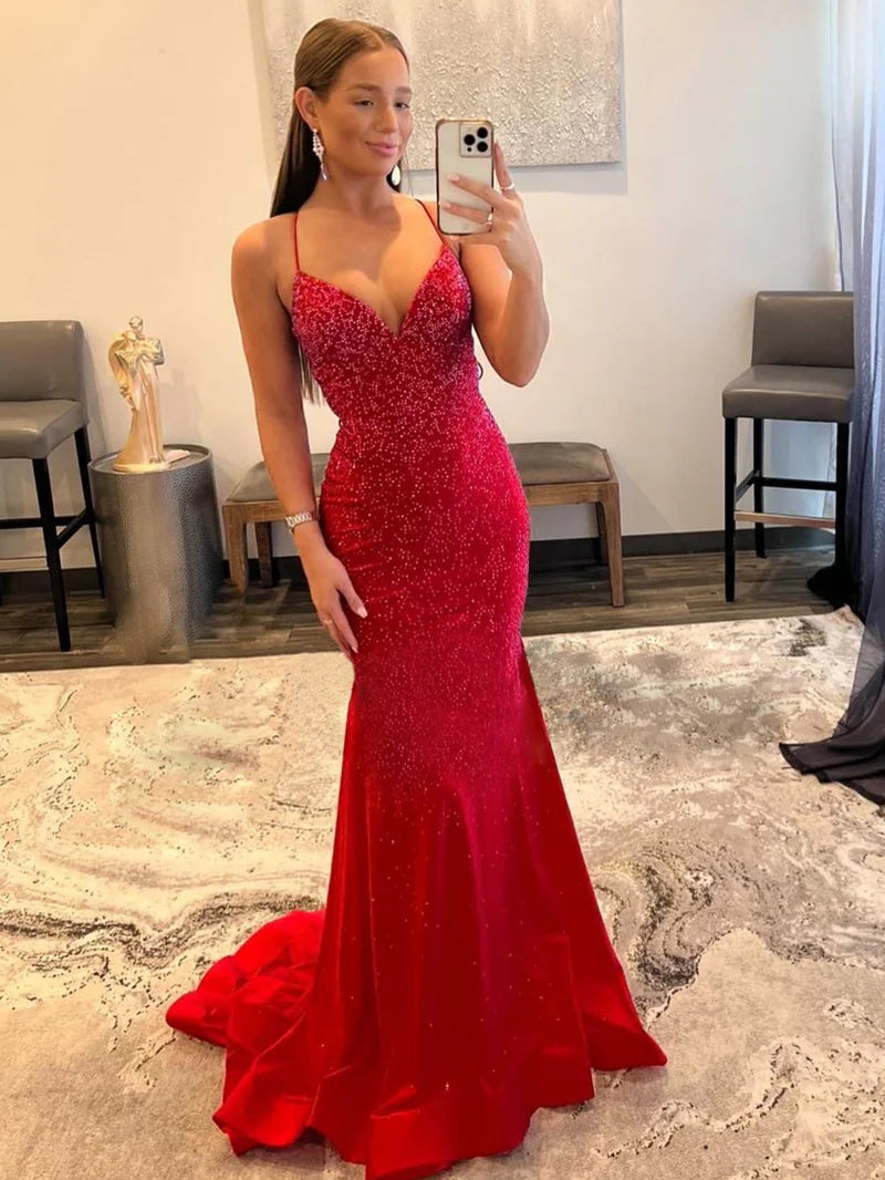 Prom Dress Mermaid V Neck Red Glitter Satin Elegant unclassified dresses