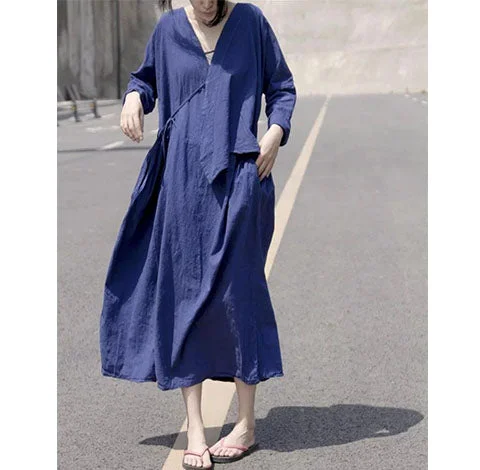 Navy blue 100%  Linen Women  Dresses 3/4 Sleeves  CH90423 Bold pattern unclassified dresses