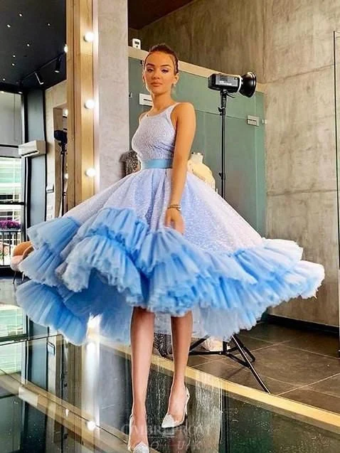 Round Neck Blue Shiny Cake Dresses, Ruffled Prom Dresses, 2022 Prom Dresses, Affordable Prom Dresses Ruched unclassified dresses