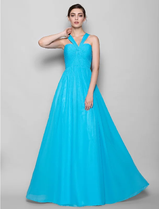 Sheath / Column Bridesmaid Dress Halter Neck Sleeveless Open Back Floor Length Chiffon with Criss Cross Unique unclassified dresses