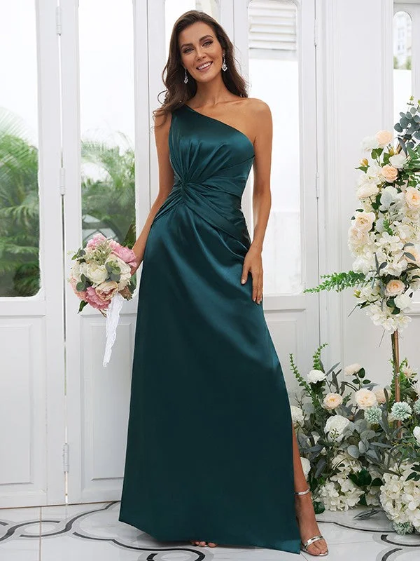 Sheath/Column  Woven Satin Ruched One-Shoulder Sleeveless Floor-Length Bridesmaid Dresses Office unclassified dresses