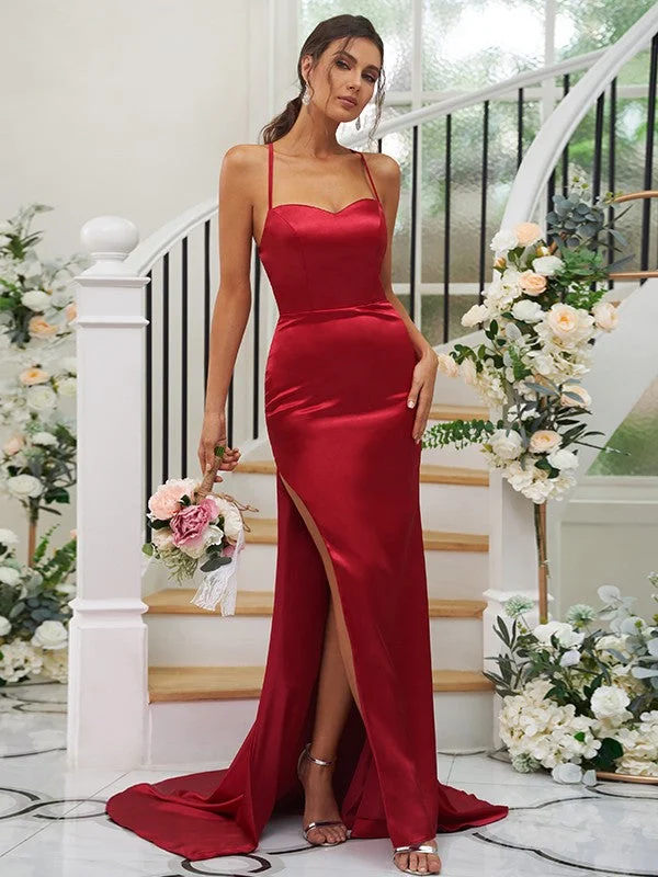 Sheath/Column  Woven Satin Ruched Square Sleeveless Sweep/Brush Train Bridesmaid Dresses Bold pattern unclassified dresses