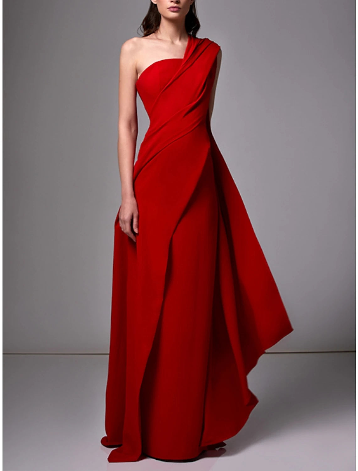 Sheath / Column Evening Gown Christmas Red Green Dress Elegant Dress Formal Sweep / Brush Train Sleeveless One Shoulder Stretch Chiffon with Pleats Ruched Popular unclassified dresses