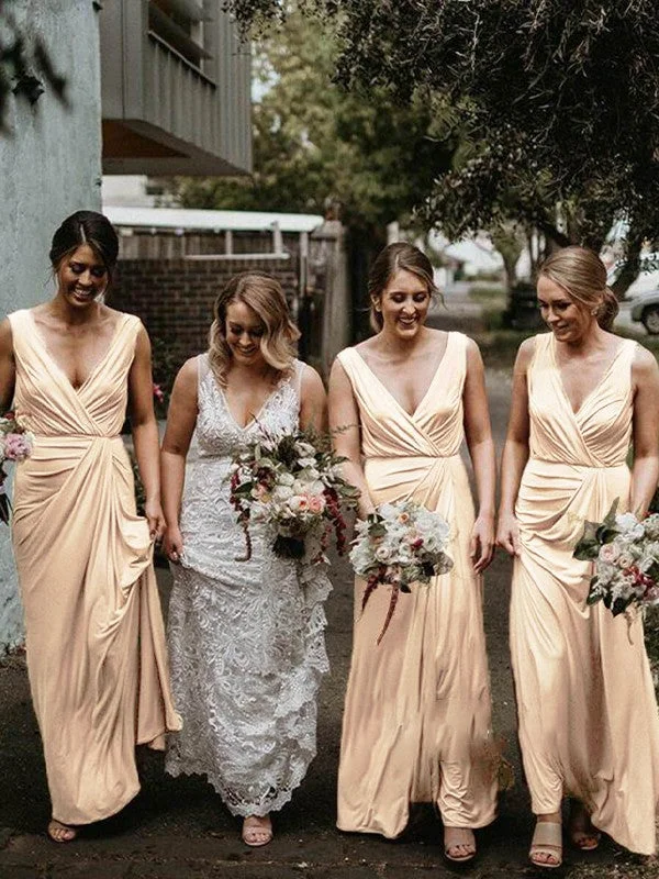 Sheath/Column Jersey Ruched V-neck Sleeveless Floor-Length Bridesmaid Dresses Smocked unclassified dresses