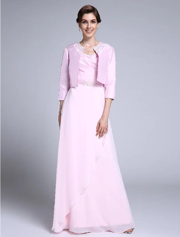 Sheath / Column Mother of the Bride Dress Scoop Neck Floor Length Chiffon 3/4 Length Sleeve No with Beading Elegant unclassified dresses