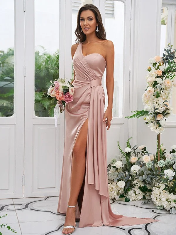 Sheath/Column Ruched One-Shoulder Sleeveless Floor-Length Bridesmaid Dresses Trendy new unclassified dresses