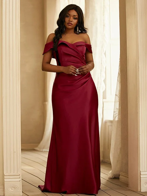 Sheath/Column Satin Ruched Off-the-Shoulder Sleeveless Sweep/Brush Train Bridesmaid Dresses Boho unclassified dresses