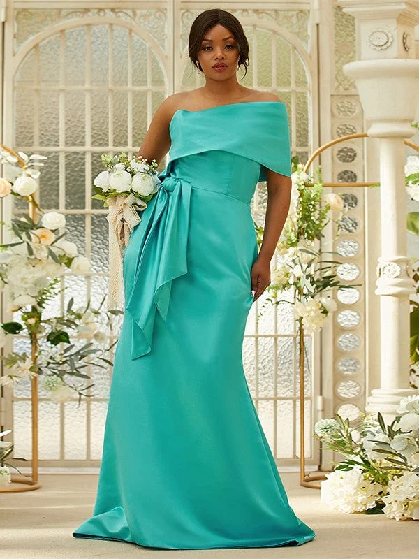 Sheath/Column Satin Ruched One-Shoulder Sleeveless Sweep/Brush Train Bridesmaid Dresses Sexy unclassified dresses