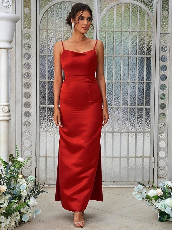 Sheath/Column Satin Ruched Spaghetti Straps Sleeveless Ankle-Length Bridesmaid Dresses Women's unclassified dresses