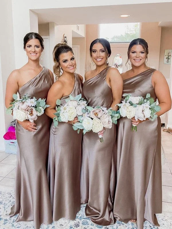 Sheath/Column Silk like Satin Ruched One-Shoulder Sleeveless Floor-Length Bridesmaid Dresses A-line unclassified dresses