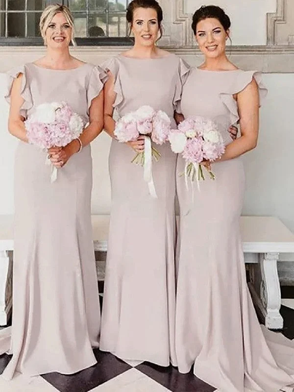 Sheath/Column Stretch Crepe Ruched Bateau Sleeveless Court Train Bridesmaid Dresses Vacation unclassified dresses