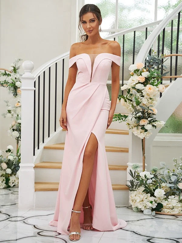 Sheath/Column Stretch Crepe Ruched Off-the-Shoulder Sleeveless Sweep/Brush Train Bridesmaid Dresses Petite unclassified dresses