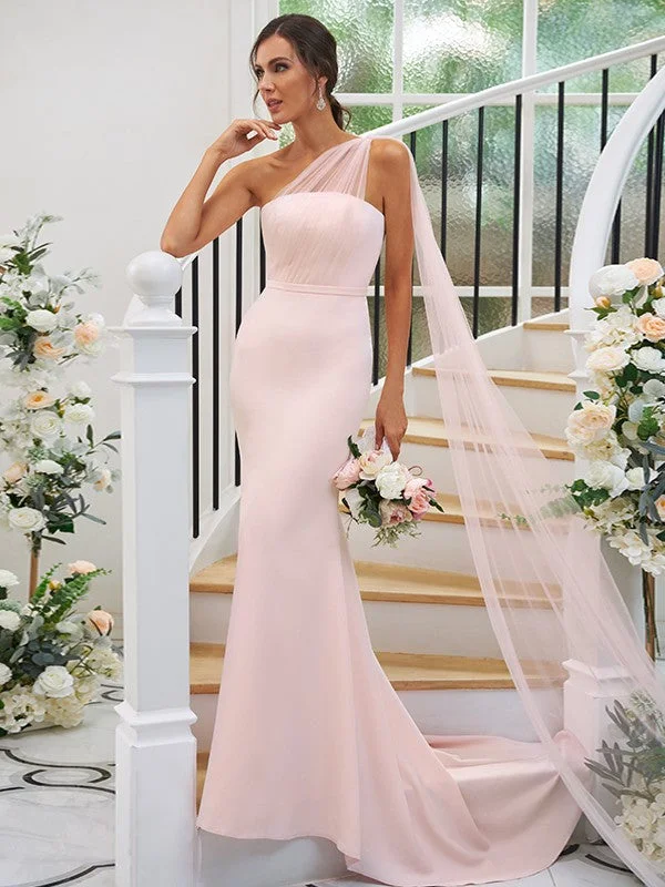 Sheath/Column Stretch Crepe Ruched One-Shoulder Sleeveless Sweep/Brush Train Bridesmaid Dresses Monochrome unclassified dresses