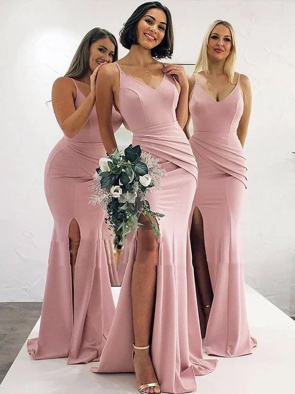 Sheath/Column Stretch Crepe Ruched V-neck Sleeveless Sweep/Brush Train Bridesmaid Dresses Trendy unclassified dresses