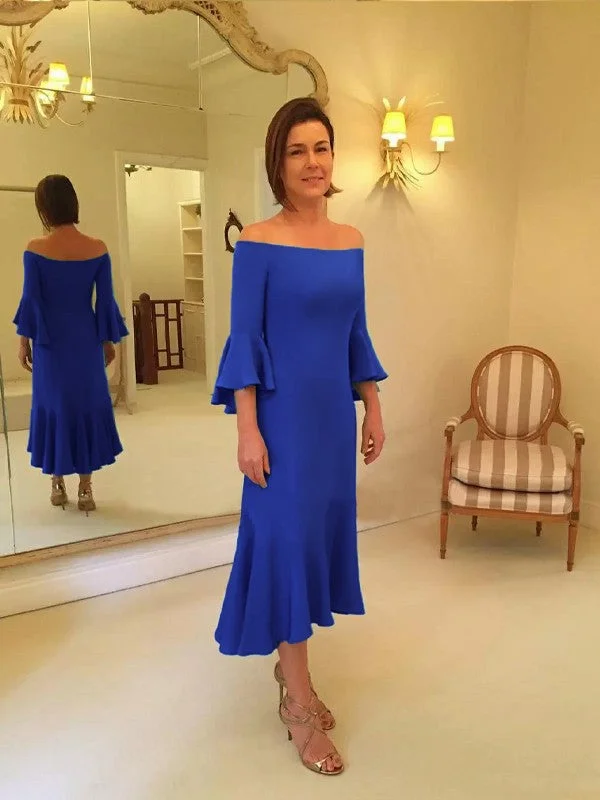 Sheath/Column Stretch Crepe Ruffles Off-the-Shoulder 3/4 Sleeves Tea-Length Mother of the Bride Dresses Casual unclassified dresses