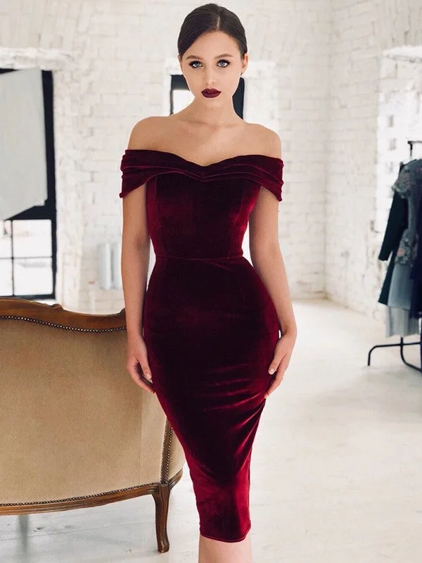 Sheath/Column Velvet Ruched Off-the-Shoulder Sleeveless Tea-Length Dresses Backless unclassified dresses