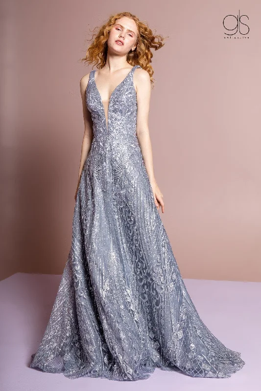 Glitter Print Gown with Illusion V-Neckline by GLS Gloria GL2698 Formal floral dresses