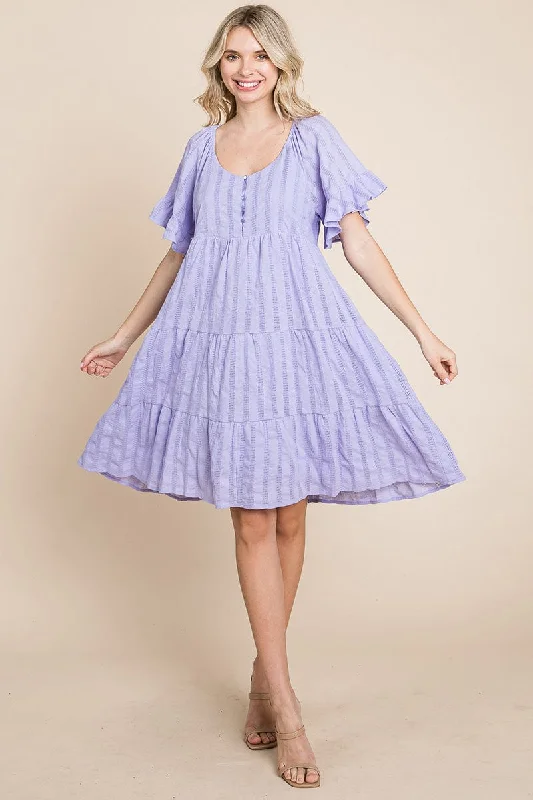 Stripe Textured Tiered Flutter Sleeve Cotton Dress Breathable unclassified dresses