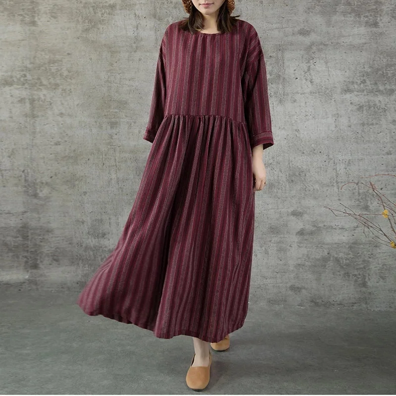 Stripe Women Linen Cotton Dresses Large Pockets CH90412 Travel unclassified dresses