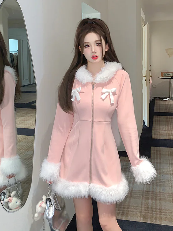 Striped furry bunny plush hooded dress A41056 High-low unclassified dresses