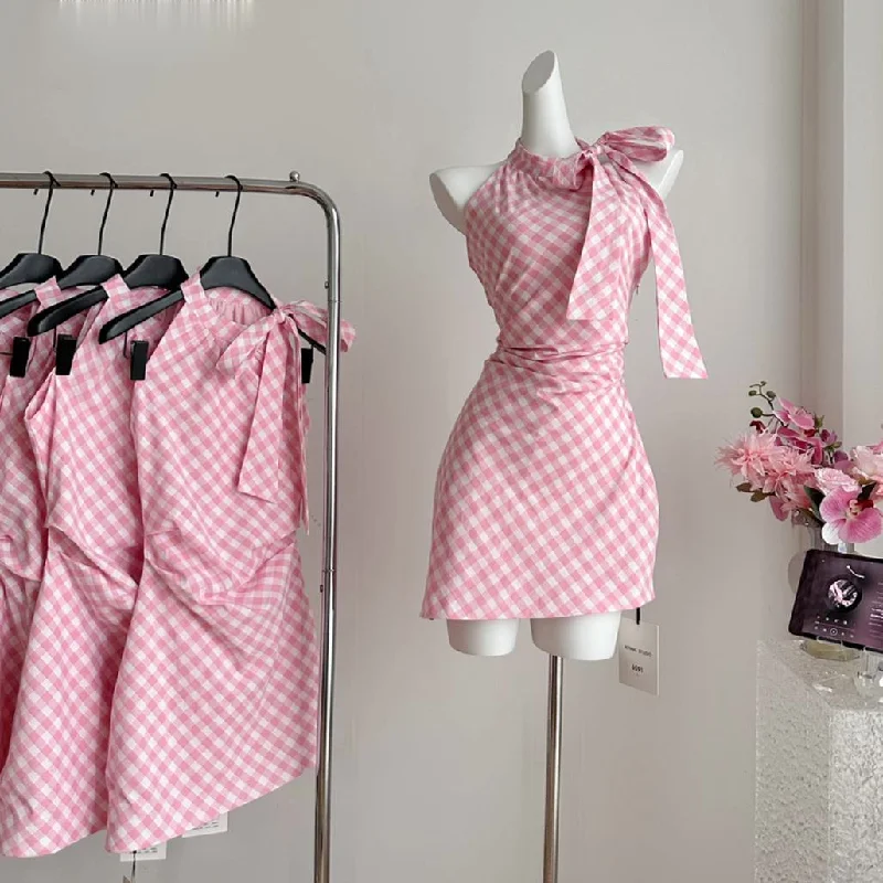 Summer pink plaid dress AP276 Fashionable unclassified dresses