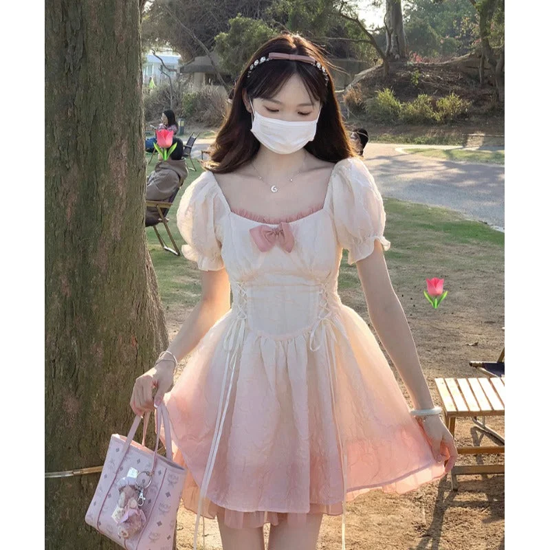 Sweet Princess Gradient Bow Puff Sleeve Dress A40819 Vintage unclassified dresses