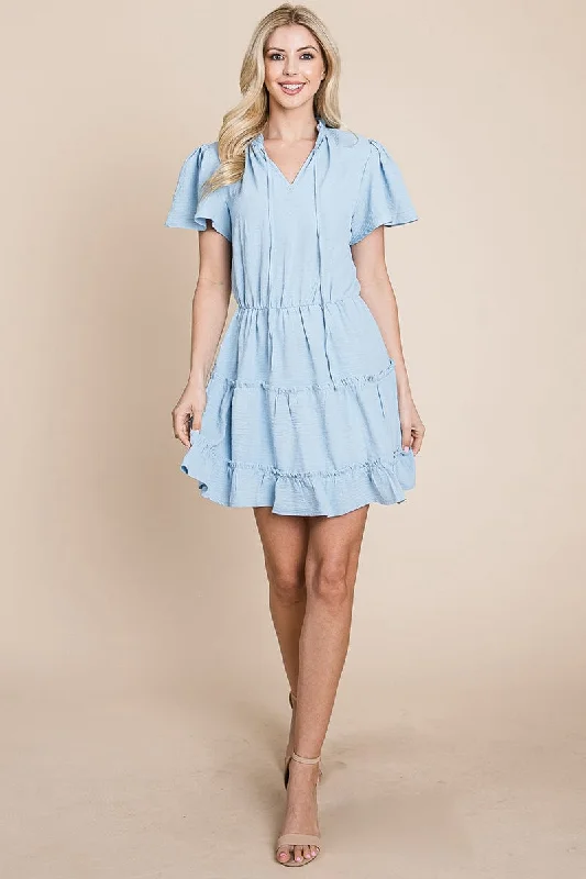 Tiered tie V neck Flutter Sleeve Flowy Tunic Dress Club unclassified dresses