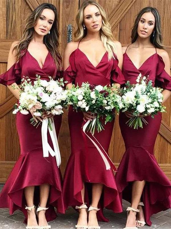 Trumpet/Mermaid  Woven Satin Ruffles Spaghetti Straps Sleeveless Asymmetrical Bridesmaid Dresses A-line unclassified dresses