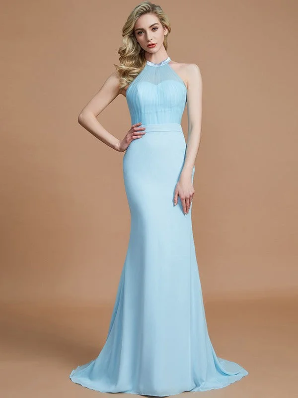 Trumpet/Mermaid Sleeveless Scoop Sweep/Brush Train Chiffon Bridesmaid Dresses Casual chic unclassified dresses