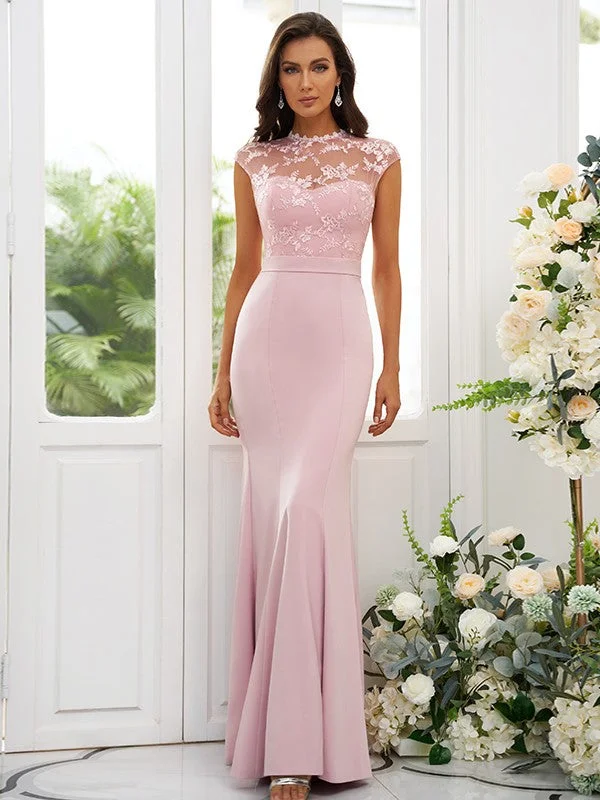 Trumpet/Mermaid Stretch Crepe Applique High Neck Sleeveless Floor-Length Bridesmaid Dresses Floral unclassified dresses