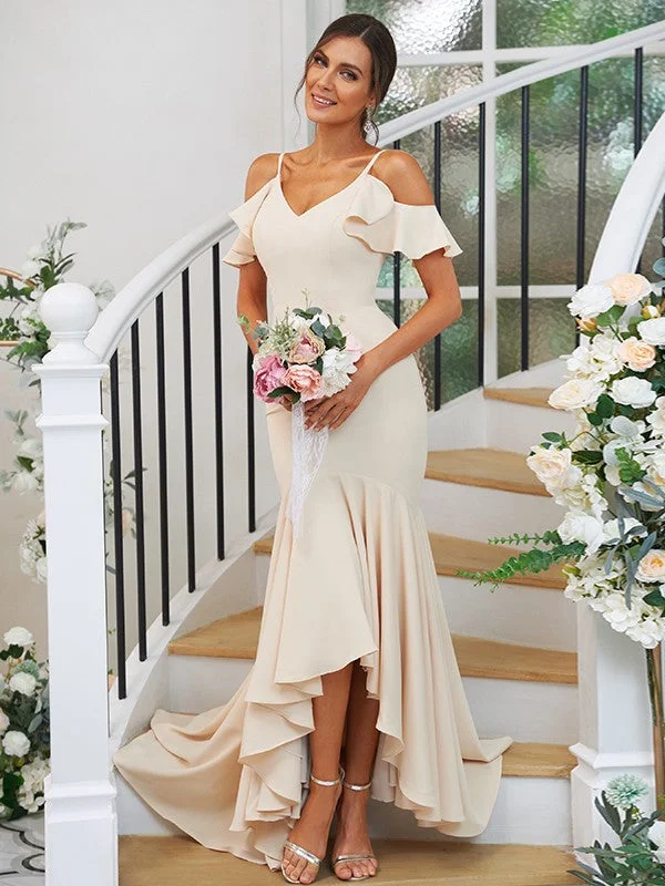 Trumpet/Mermaid Stretch Crepe Ruffles V-neck Sleeveless Asymmetrical Bridesmaid Dresses Preppy unclassified dresses