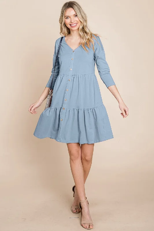 V neck Button Front Tiered Babydoll dress Office unclassified dresses